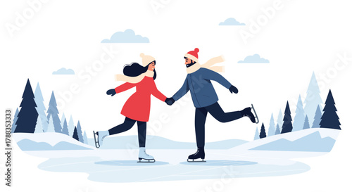 Two people, a man and a woman, enjoy a romantic winter activity, ice skating hand-in-hand on a frozen lake in a serene snowy forest.