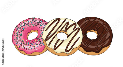 Three delicious cartoon-style donuts with different colorful icings, sprinkles, and chocolate drizzles arranged on a white background.