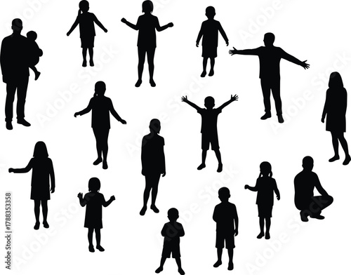 Silhouette of children playing together in outdoor group activity, happy kids enjoying childhood freedom and friendship in black outline