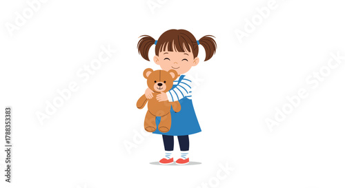 A cheerful young cartoon girl with pigtails sweetly embraces her beloved brown teddy bear against a clean white background.