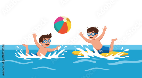 Excited boys in swimming goggles joyfully splash in the pool, one swimming and the other on a float, playing with a colorful beach ball.