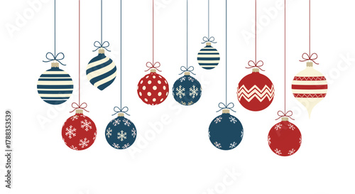 A cheerful illustration of hanging Christmas ornaments in red, blue, and white, adorned with various festive patterns against a clean background.