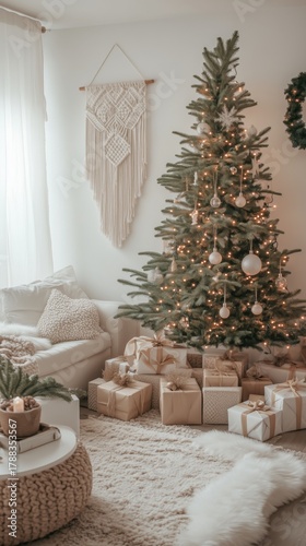 Cozy Living Room Decorated for Christmas With a Tree and Wrapped Gifts