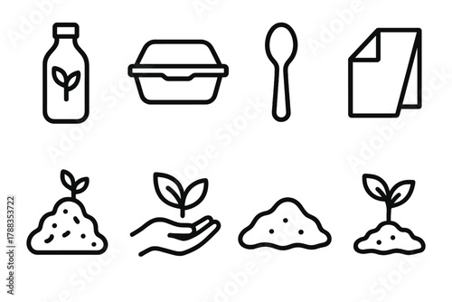 Eco-Friendly Icon Set. Compostable Design linear icon set: plant-based bottle, food container, spoon, paper wrap, compost pile, hand leaf, soil, seedling.