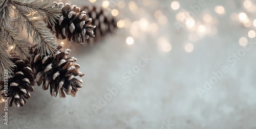 Beautiful Pinecones With Lights on a Soft, Textured Surface During the Holida...