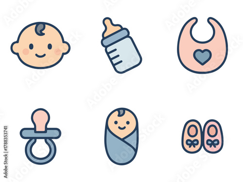 Flat style childcare icon set named TinyCare Pack, cute and simple illustrations — baby face, feeding bottle, bib, pacifier, blanket, baby shoes, and milk bottle