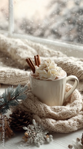 Warm Cup of Sweet Beverage With Whipped Cream and Spices in Winter Setting