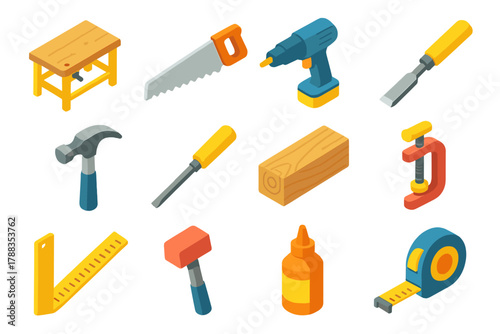 Woodshop Tool Icons. Home Woodshop Icons modern flat icons set: workbench, saw, drill, chisel, hammer, screwdriver, wood plank, clamp, ruler, mallet, wood glue, tape measure.