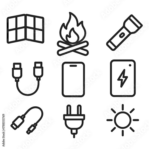 Solar Camping Essentials. Outdoor Solar Setup linear icon set: foldable panel, campfire, flashlight, power bank, cable, phone, plug, sun.