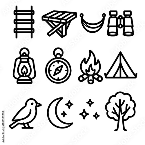 Treehouse Adventure Icons. Adventure Treehouse Icons linear icon set: rope ladder, wooden platform, hammock, binoculars, lantern, compass, campfire, tent, bird, moon, stars, tree.