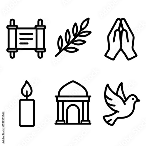 Sacred Heritage Icons. Sacred Heritage linear icon set: Torah scroll, olive branch, prayer hands, candle flame, temple arch, dove.