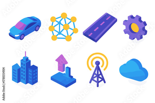 Future Transport Icons. Future Transport Systems modern flat icons set: vehicle silhouette, neural network, highway, gear, smart city skyline, data arrows, antenna, cloud.