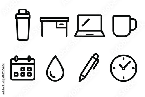 Office Essentials Icons. Office Hydration linear icon set: tumbler, desk, laptop, mug, calendar, pen, water droplet, clock.