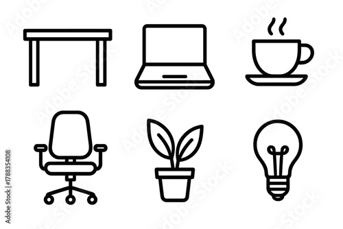 Sleek Office Icons. Modern Office linear icon set: desk, laptop, coffee cup, ergonomic chair, plant, light bulb.