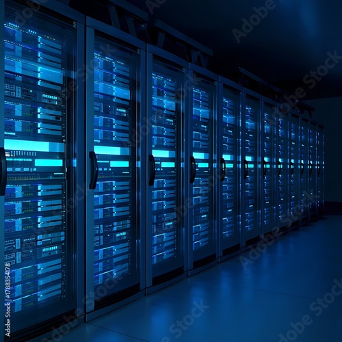 Server room filled with racks of computer servers in a data center