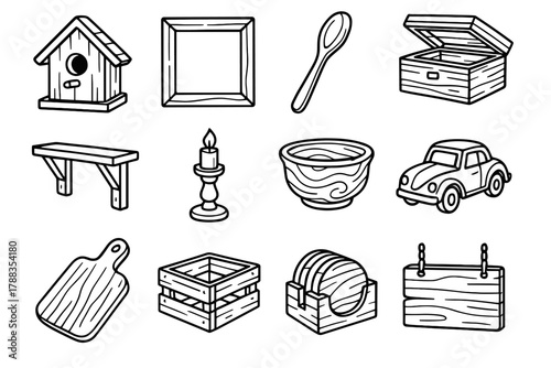 Woodcraft Icon Set. Creative Woodcrafts linear icon set: birdhouse, picture frame, wooden spoon, jewelry box, wall shelf, candle holder, carved bowl, toy car, cutting board, small