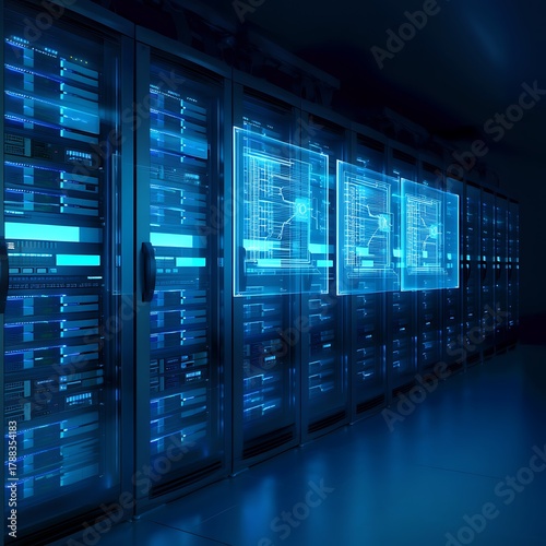 Server room data center with rows of servers and digital screens