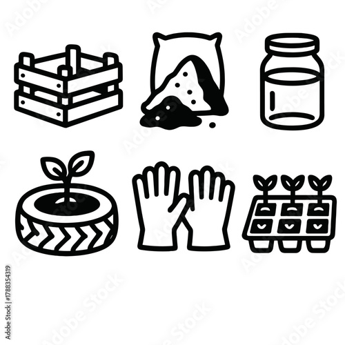 Eco-friendly Gardening Essentials. Recycled Gardening linear icon set: wooden crate, potting mix, glass jar, old tire planter, gloves, seedling tray.