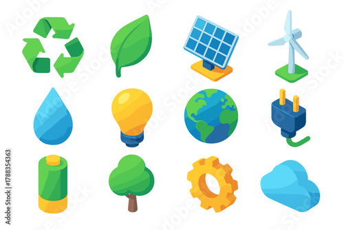 Eco Icons Showcase. Eco Solutions Icons modern flat icons set: recycling symbol, leaf, solar panel, wind turbine, water droplet, light bulb, earth, plug, battery, tree, gear, cloud