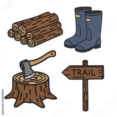 A vector illustration of a set of wooden signs shaped like brown leather winter boots and shoes