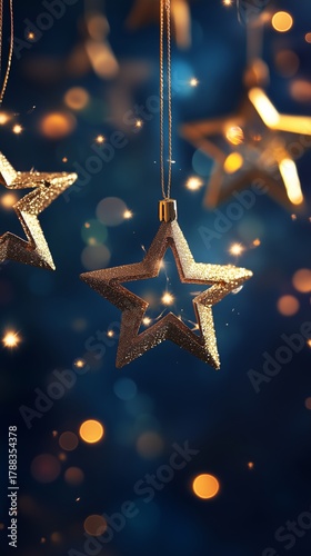 Sparkling Golden Stars Hang on a Christmas Tree With Soft Glowing Lights in t...