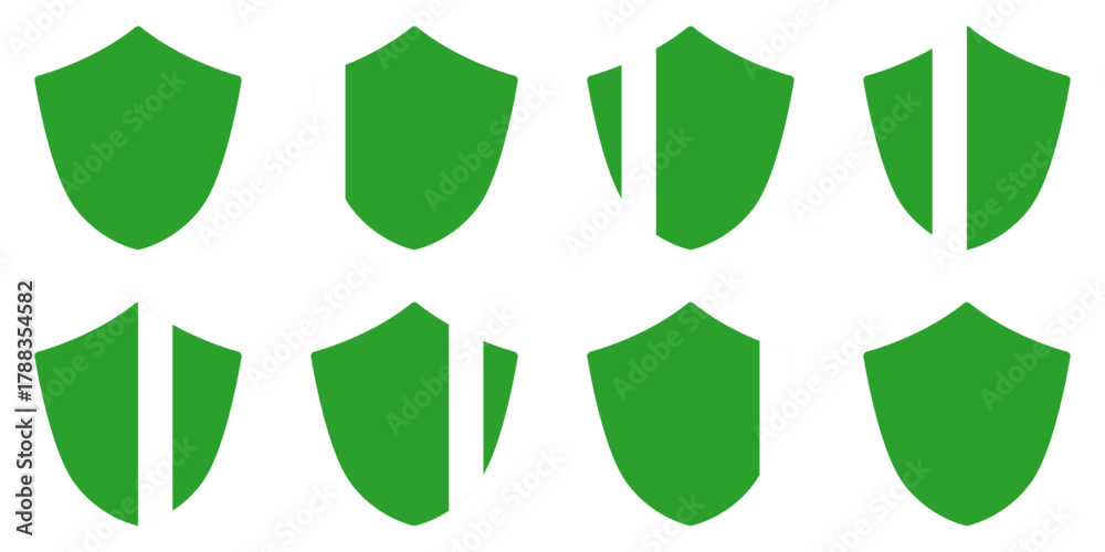 Obraz premium 8-Frame Sprite Sheet of Glowing Shiny Green Shield Defence Icon Set for Game or App Animation. Vector Image.