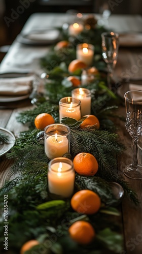 Festive Table Setting With Candles and Oranges for Winter Celebration in Cozy...