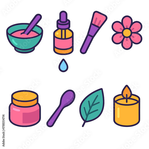 DIY Beauty Icons. DIY Beauty Products modern flat icons set: mixing bowl, dropper bottle, brush, flower, jar, spoon, leaf, candle.