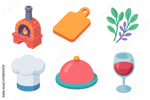 Garden Cooking Icons. Garden Gathering modern flat icons set: outdoor oven, cutting board, herbs, chef hat, platter, wine glass.