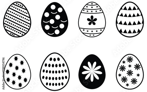 Collation of ester eggs icon set. Spring ester black and white and red egg elements. Contains as egg, decoration, chicken egg, celebration and more.  Easter eggs decorated with black and white color. 