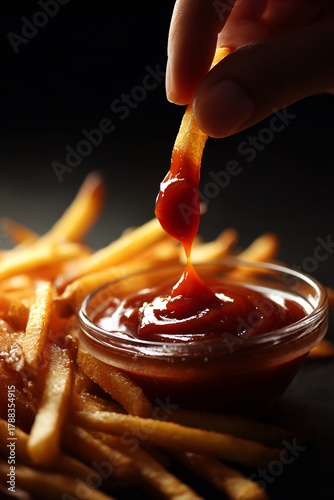 A single french fry being dipped into a bowl of ketchup with more fries in the background on dark surface