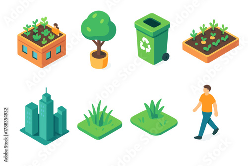 Isometric Green City Icons. Green City Living modern flat icons set: rooftop garden, potted tree, pathway, community garden, recycling bin, skyline, grass patch, person walking.