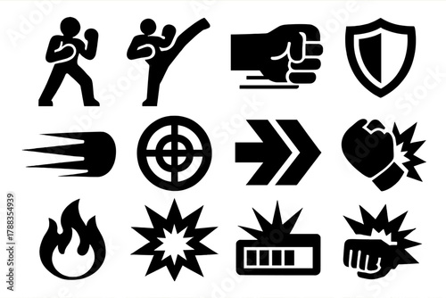 Bold Combat Icons. Combat Technique silhouette icon set: fighter silhouette, high kick, jab punch, stance pose, shield icon, motion lines, target pad, combo arrows, glove impact,