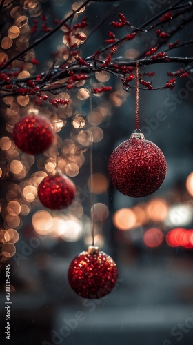 Sparkling Red Ornaments Hang From Branches Adorned With Festive Lights During...