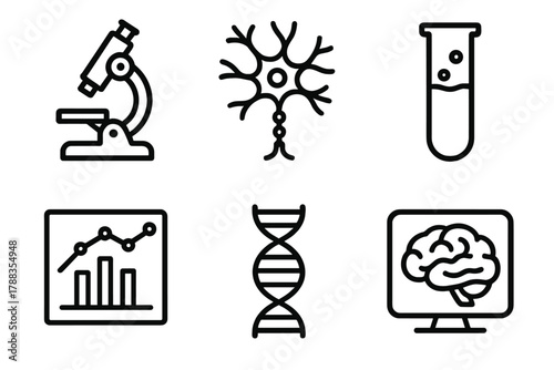 Neuroscience Icon Set. Neuroscience Discovery linear icon set: microscope, neuron, test tube, chart, DNA strand, brain scan.