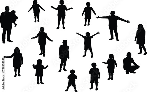 Silhouette group of children and parents standing together, happy family, childhood fun, unity, parenting, teamwork, community, bonding, outdoor illustration