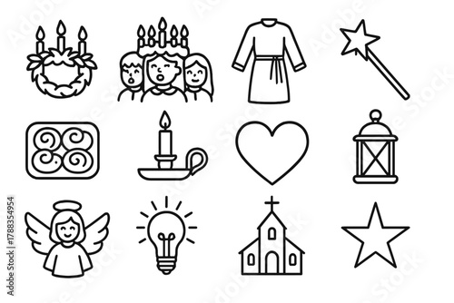 Lucia Celebration Icons. Lucia Celebration Icons linear icon set: wreath with candles, singing children, white robe, star wand, tray of buns, candle holder, heart, lantern, angel,