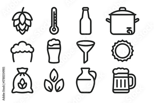 Home Brewing Icons. Home Brewing Icons linear icon set: hops, thermometer, bottle, kettle, foam, glass, funnel, cap, bag, grain, jug, mug.