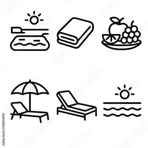Resort Outline Icons. Resort Leisure linear icon set: infinity pool, spa towel, fruit platter, parasol, lounge bed, sea horizon.