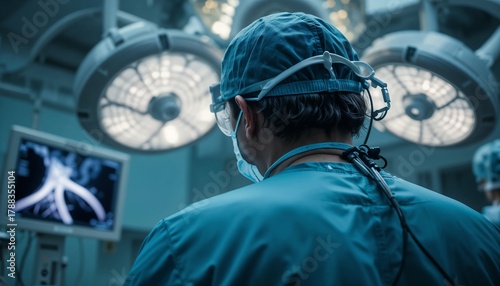 Endovascular procedure in cath lab — surgeon’s back adjusting sheath during carotid stenting