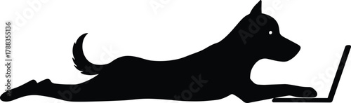 Cute dog lying and using laptop, smart pet silhouette illustration, black animal vector art for modern technology and digital lifestyle concept
