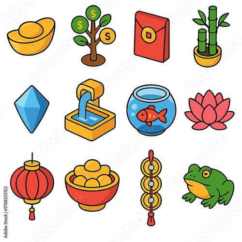 Prosperity Icon Set. Prosperity & Abundance modern flat icons set: golden ingot, money tree, red envelope, lucky bamboo, crystal gem, flowing water feature, fish bowl, lotus bloom,