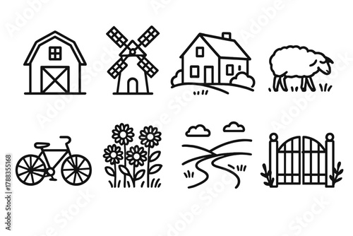 Rural Icons Line Art. Rural Getaways linear icon set: barn, windmill, farmhouse, grazing sheep, bicycle, sunflower field, country road, garden gate.