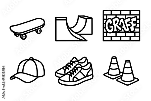 Skate Park Icons. Skate Park linear icon set: skateboard, ramp, graffiti wall, cap, sneakers, cones.