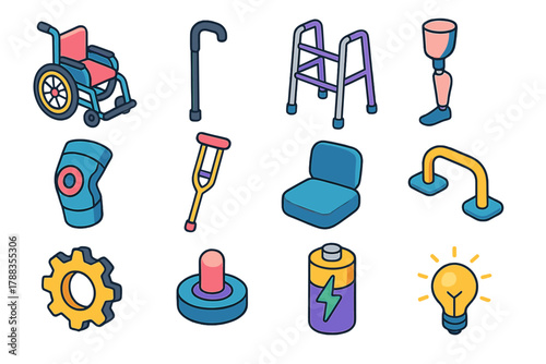 Isometric Assistive Device Icons. Assistive Devices modern flat icons set: wheelchair, cane, walker, prosthetic leg, brace, crutch, seat, handle, gear, button, battery, light.