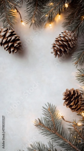 Winter Nature Decor With Pinecones and Fairy Lights on a Light Background