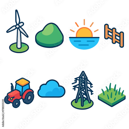 Isometric Turbine Icons. Turbine Landscape modern flat icons set: wind turbine, green hill, sunrise, fence line, tractor, cloud, power line, grass field.