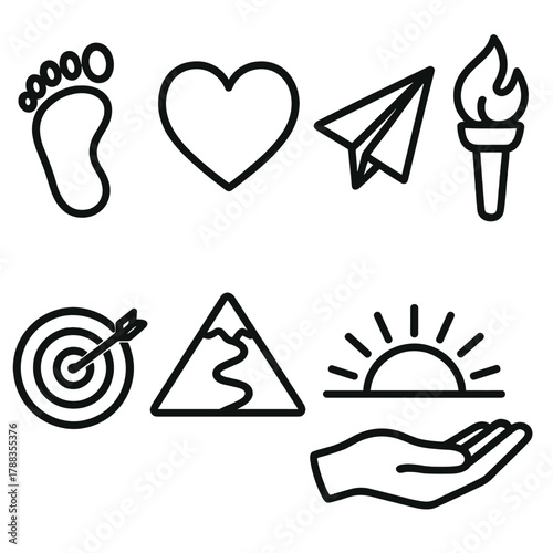 Icons of New Beginnings. Courage to Start linear icon set: first step footprint, heart, paper plane, torch flame, target, mountain trail, sunrise horizon, open hand.