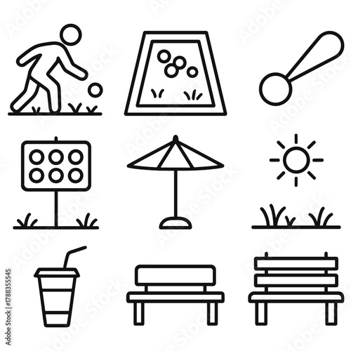 Outdoor Bocce Match. Outdoor Bocce Game linear icon set: player throwing ball, grass court, scoreboard, measuring string, sunlight, umbrella, drink cup, seating bench.