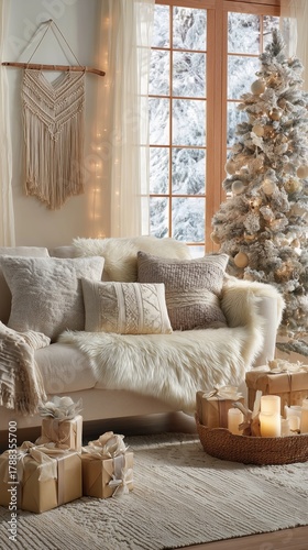 Cozy Winter Living Room With a Christmas Tree and Festive Decorations